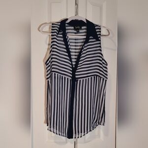 Women's By & By Sleeveless, sheer Navy Blue and White blouse Sz L, V-neck
